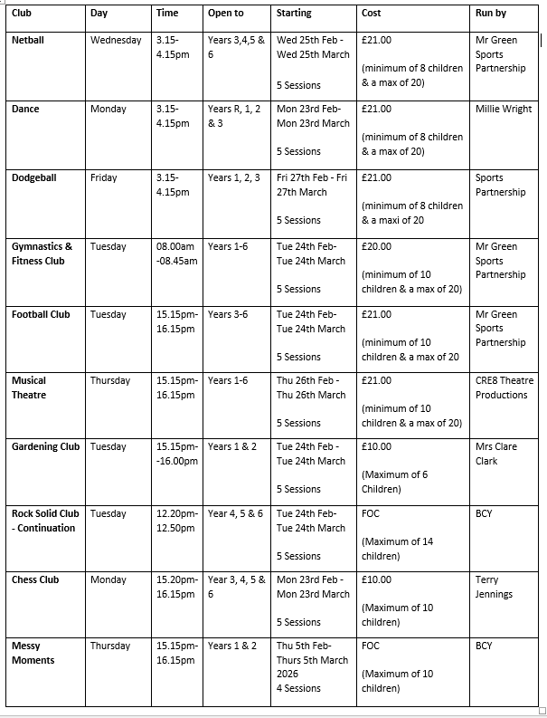 Clubs Spring term 2 2026